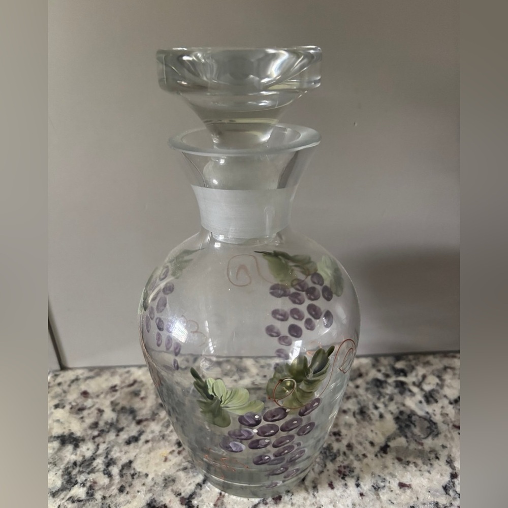 Vintage 90’s Hand Painted Glass Wine Carafe Decanter Grape Decor